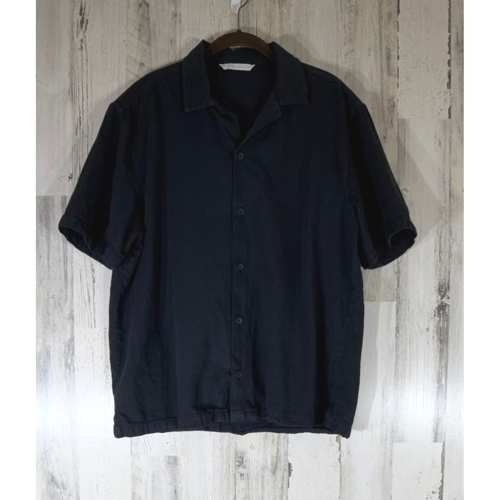 Zara Button Down Shirt Large Black Cotton Linen Short Sleeve Camp Collar Casual